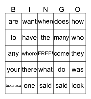 Sight Words Bingo Card