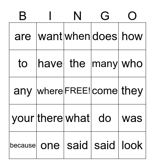 Sight Words Bingo Card