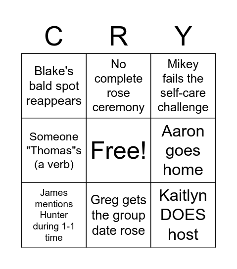 Bachelorette Episode 6 Bingo Card