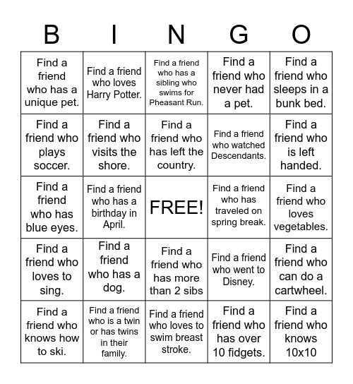 9-10 Girls Pheasant Run BINGO Card