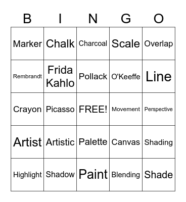 Artsy Stuff & Artists Bingo Card