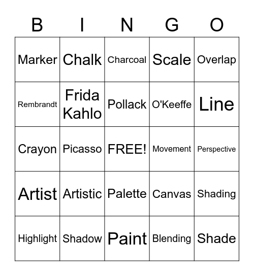 Artsy Stuff & Artists Bingo Card