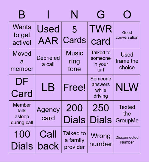 Call time Bingo Card