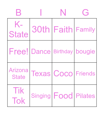 Charity's Birthday Bingo Card
