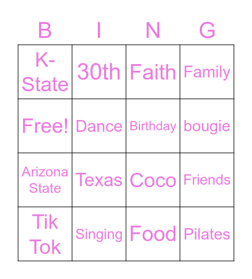 Charity's Birthday Bingo Card
