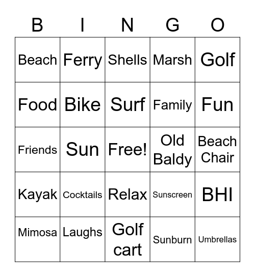 Bald Head Island Bingo Card