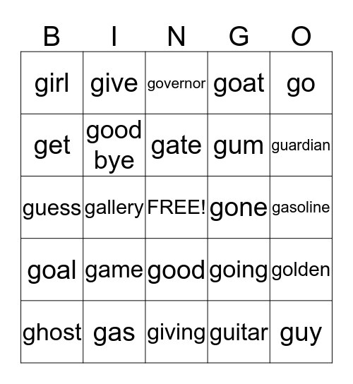 G initial Bingo Card