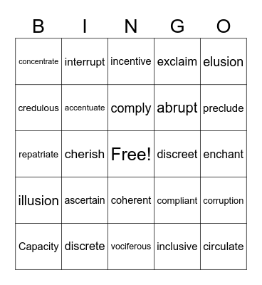 Vocabulary A&C Bingo Card