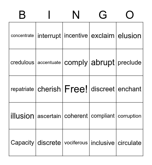 Vocabulary A&C Bingo Card