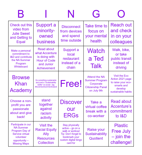 Maliha's Accenture Summer Bingo Card