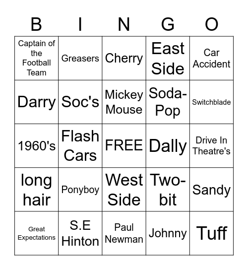 The Outsiders Bingo Card