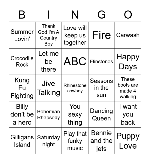Music Bingo 1970's - Side A Bingo Card