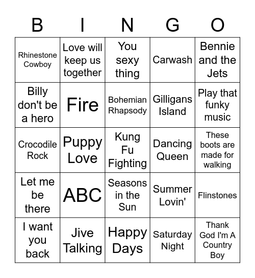 Music Bingo 1970's - Side A Bingo Card