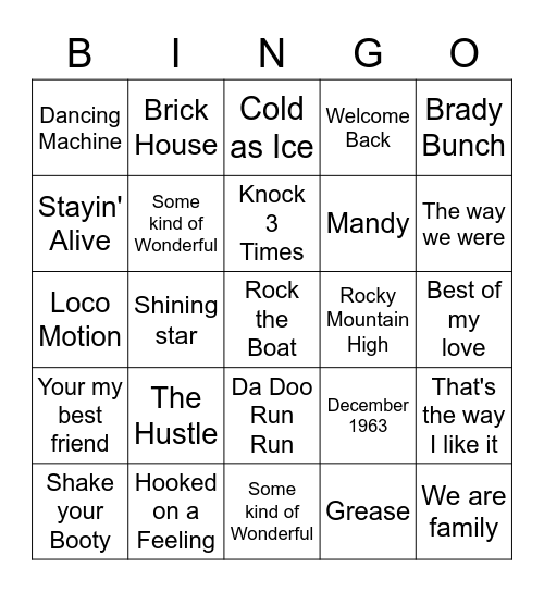 Music Bingo 1970's - Side B Bingo Card