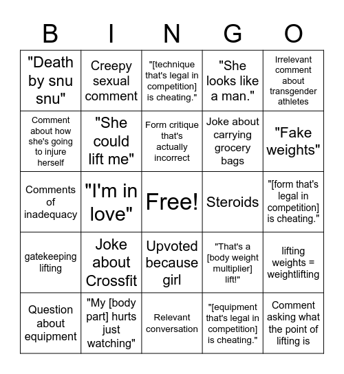 Girl Lifts Something Heavy Bingo Card