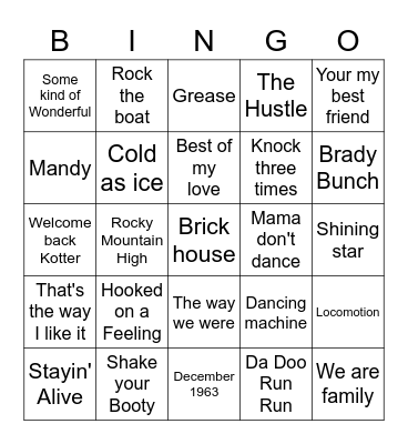 Music Bingo 1970's - Side B Bingo Card