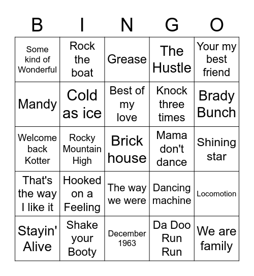 Music Bingo 1970's - Side B Bingo Card