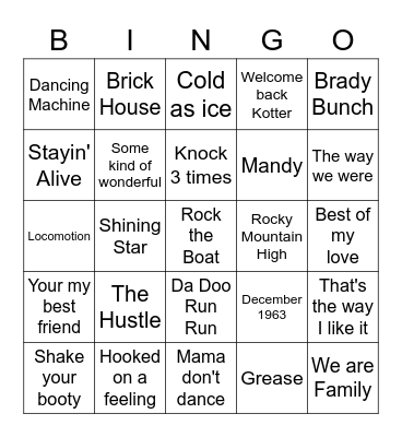 Music Bingo 1970's - Side B Bingo Card