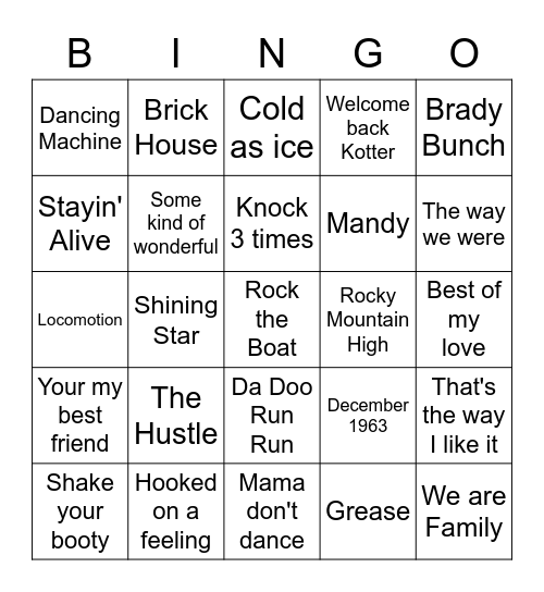 Music Bingo 1970's - Side B Bingo Card