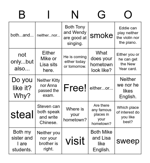 LIYA 6th Grade Grammar Unit 6 My Hometown Bingo Card