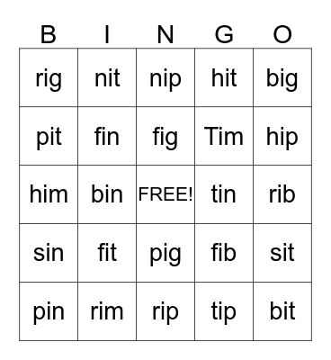 Short I Words Bingo Card