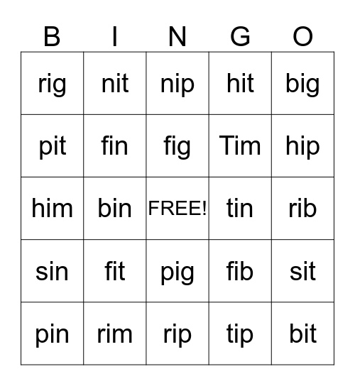 Short I Words Bingo Card