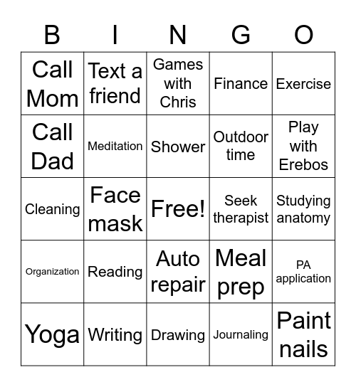 Self-Care Bingo Card