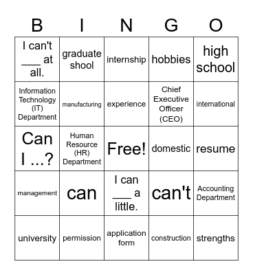 Unit 10 Work and Jobs Bingo Card