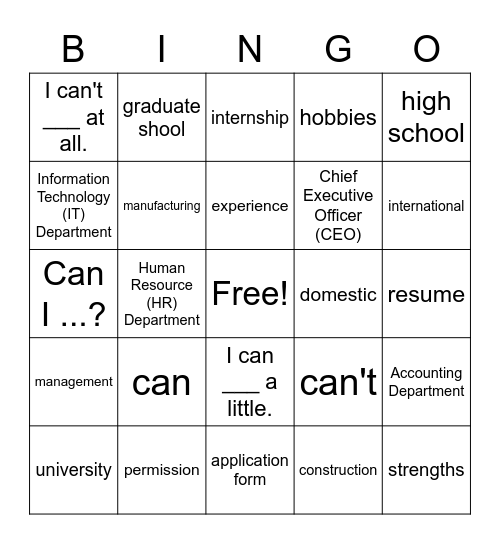 Unit 10 Work and Jobs Bingo Card