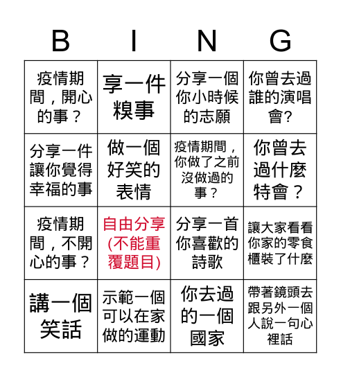 點畫面劃掉有分享過的題目 Bingo Card