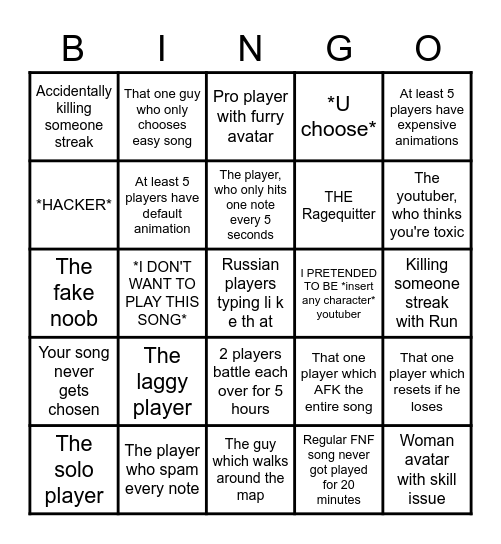 Funky Friday Roblos Bingo Card