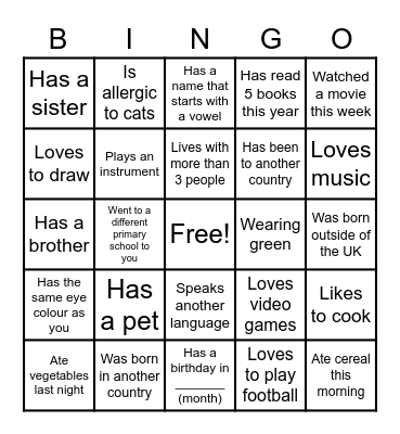 Getting to Know You Bingo Card