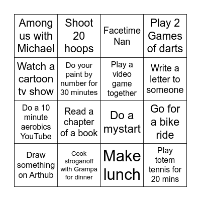 Wednesday 14th July Bingo Card