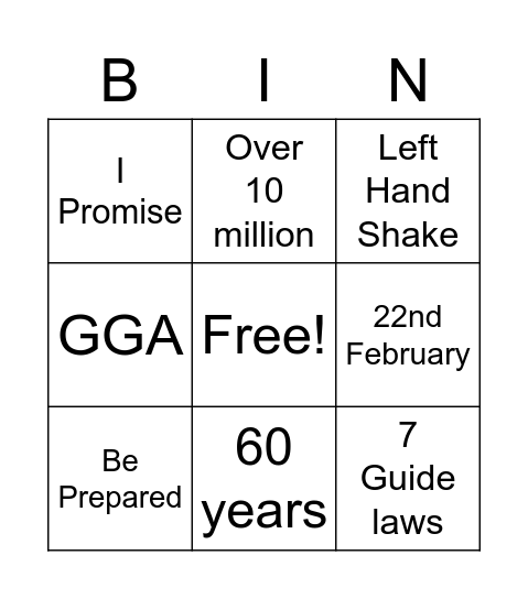 Aspley Girl Guides BINGO Card