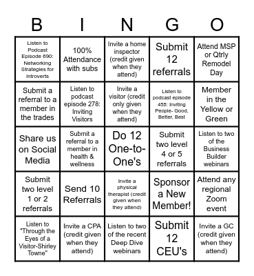 BNI Elite Summer Game Bingo Card