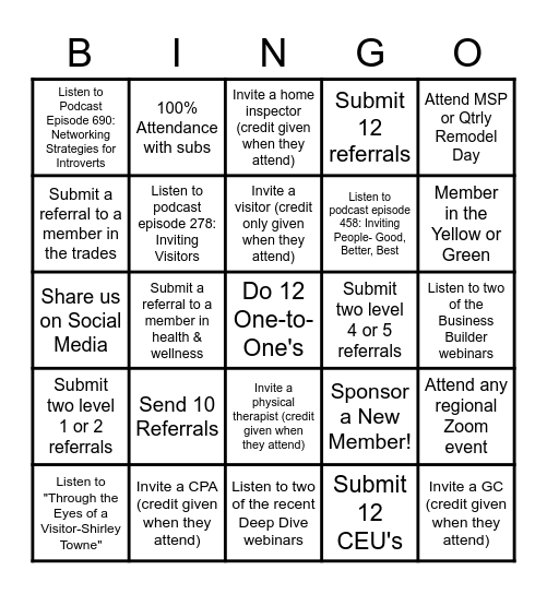 BNI Elite Summer Game Bingo Card