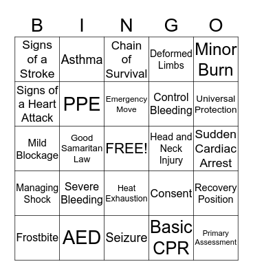 First Aid, CPR and AED  Bingo Card