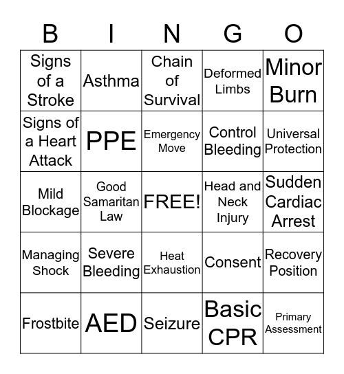 First Aid, CPR and AED  Bingo Card
