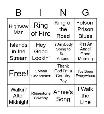 Country Music Bingo Card