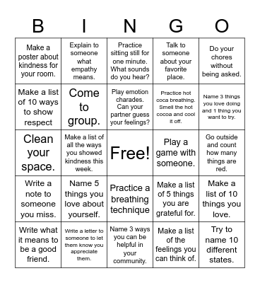 Emotional Health Bingo Card