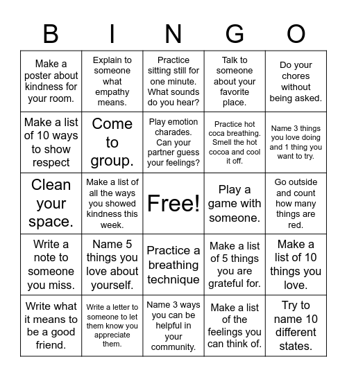 Emotional Health Bingo Card