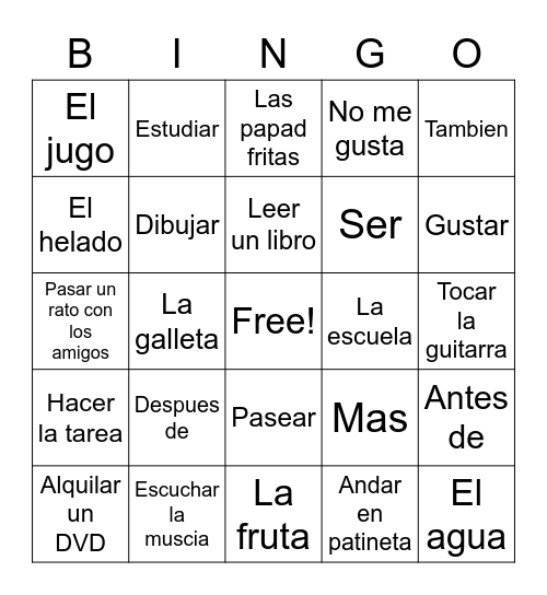 Vocabulario Bingo Card