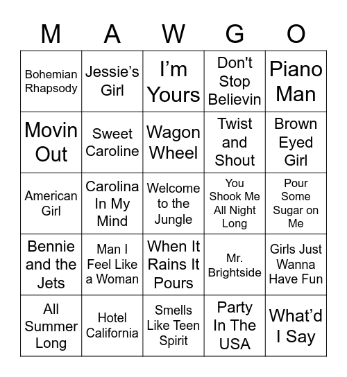 MAW Music Bingo - 7/13/2021 Bingo Card