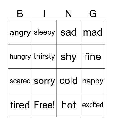 feelings Bingo Card