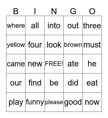 Dolch Bingo #1 Bingo Card