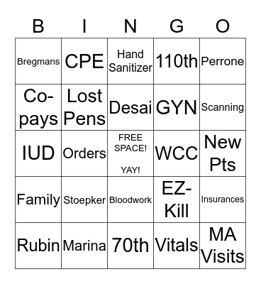 Westside Family Medicine Bingo Card
