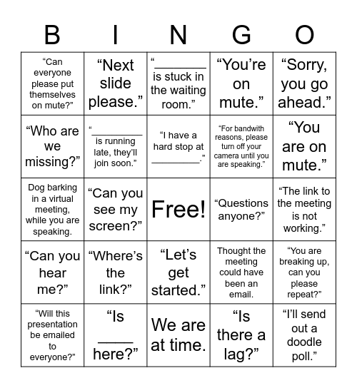 Phrases Heard Every Virtual Meeting Bingo Card