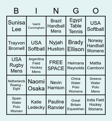 2020 Tokyo Olympics Bingo Card