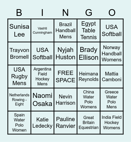 2020 Tokyo Olympics Bingo Card