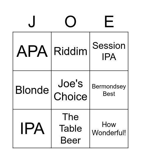 Beer Bingo Card